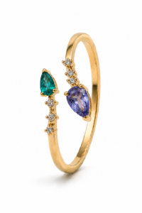 Anillo de compromiso de oro amarillo de 18 quilates con esmeralda y tanzanita naturales y diamantes talla brillante de 0,13 ct