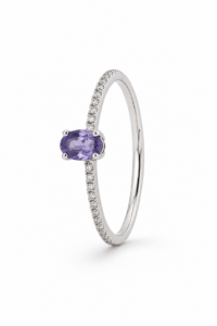 Anillo de compromiso de oro blanco de 18 quilates con tanzanita natural y diamantes naturales talla brillante de 0,11 ct