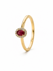 Anillo de compromiso de oro amarillo de 18 quilates con rubí natural de 0,25 ct y diamantes naturales talla brillante de 0,0605 ct