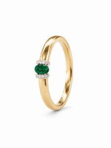 Anillo de compromiso de oro amarillo de 18 quilates con esmeralda natural de 0,175 ct y diamantes naturales talla brillante de 0,0365 ct