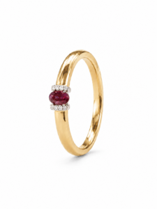 Anillo de compromiso de oro amarillo de 18 quilates con rubí natural de 0,19 ct y diamantes naturales talla brillante de 0,0365 ct