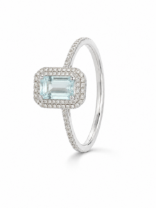 Anillo de compromiso de oro blanco de 18 quilates con agua marina de 1,1 ct y diamantes naturales talla brillante de 0,15 ct